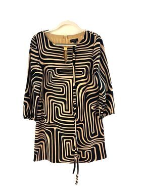 Tahari Black and Cream Bold Retro Geometric Midi Dress